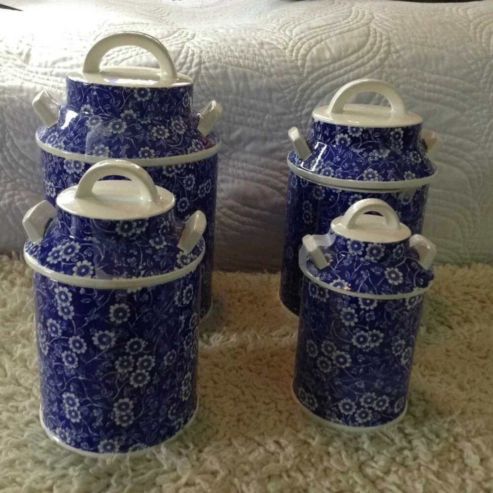 VTG Blue and White Canisters; Chintz Pattern, Glazed ceramic, Traditional, 4 Pc.